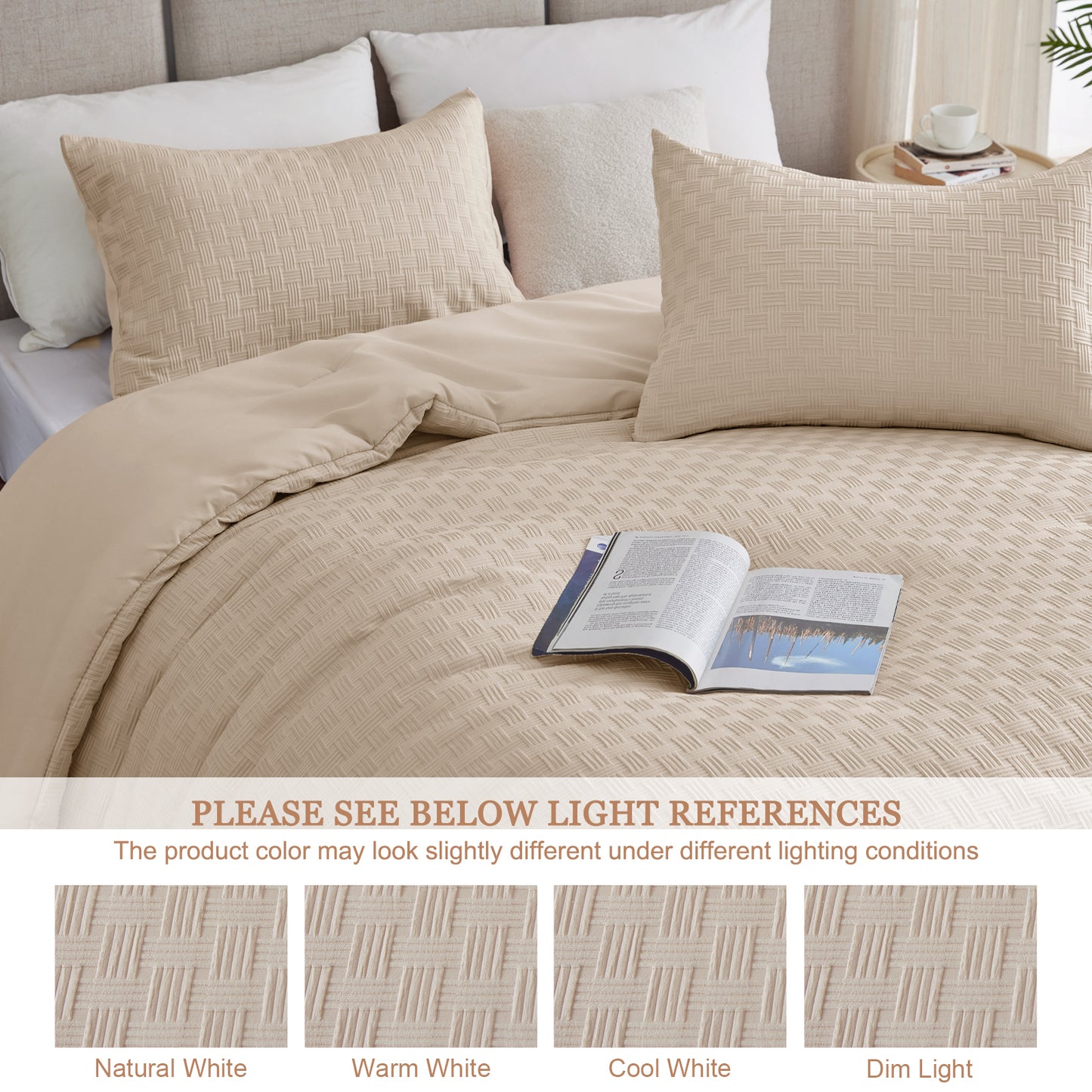 Whale Flotilla 3-Piece Jacquard Braid Ultra Soft King Comforter Set, Luxury Reversible Microfiber Oversized Comforters Bedding Set with 2 Pillowcases, Lightweight Duvet for All Seasons, Beige