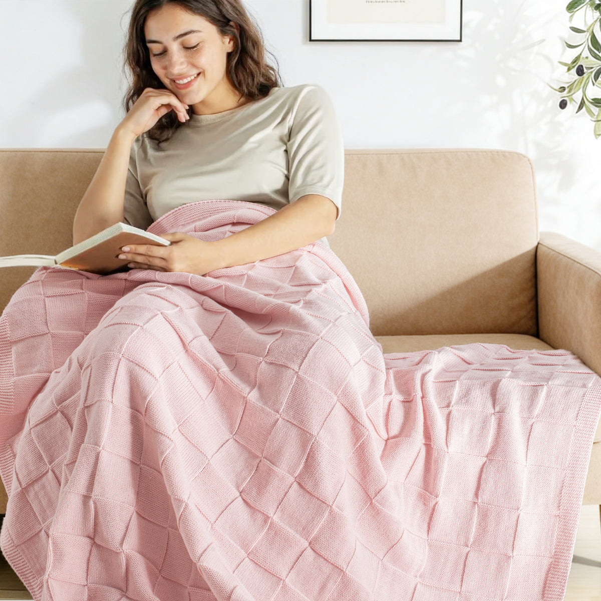 Whale Flotilla Knit Throw Blanket for Couch, Soft Fuzzy Decorative Knitted Blanket for Sofa Bed, Lightweight Cozy Warm Throws, 60x80 Inch, Pink