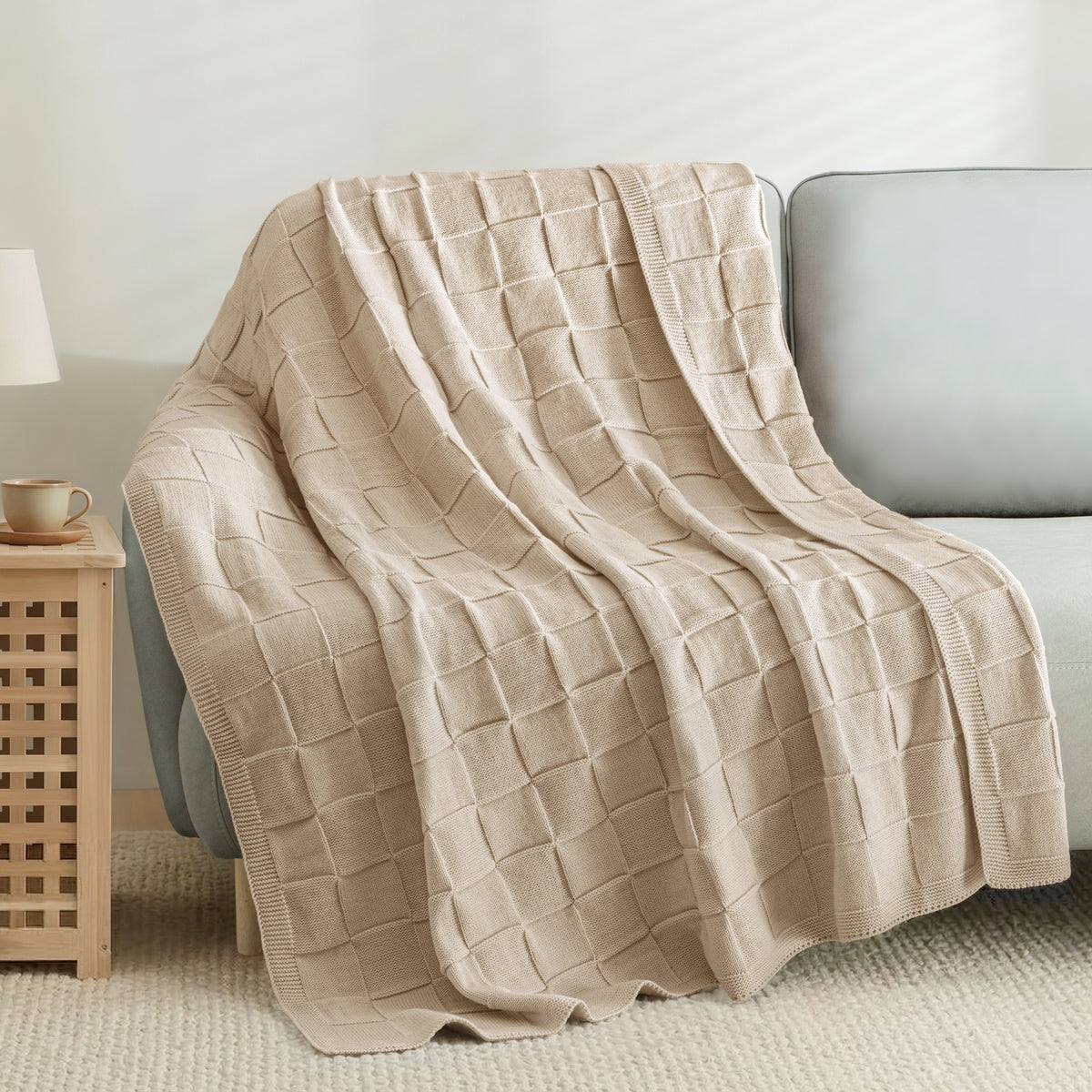 Whale Flotilla Knit Throw Blanket for Couch, Soft Fuzzy Decorative Knitted Blanket for Sofa Bed, Lightweight Cozy Warm Throws, 60x80 Inch, Camel