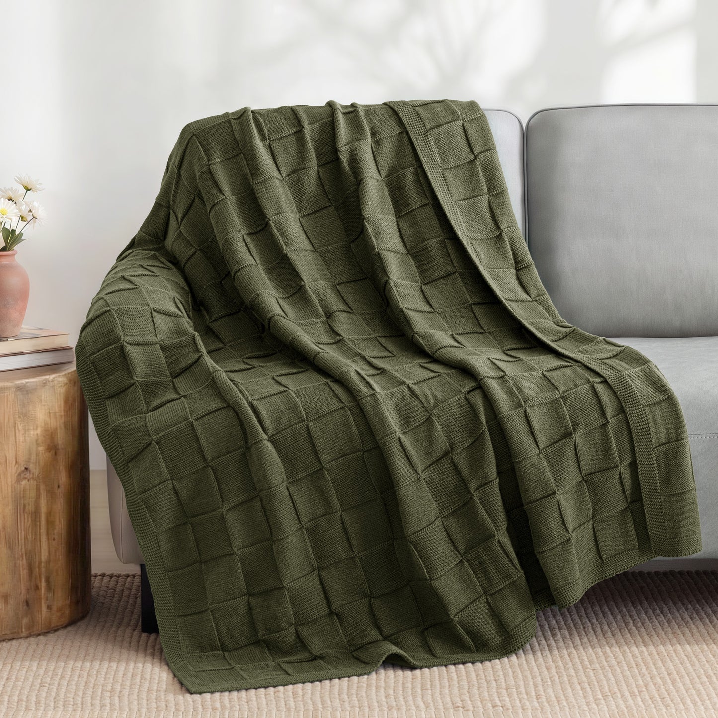Whale Flotilla Knit Throw Blanket for Couch, Soft Fuzzy Decorative Knitted Blanket for Sofa Bed, Lightweight Cozy Warm Throws, 60x80 Inch, Olive