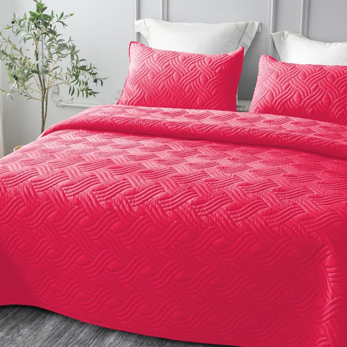 Whale Flotilla Quilt Set Twin Size, Soft Microfiber Lightweight Bedspread Coverlet Bed Cover (Wave Pattern) for All Seasons♀?Hot Pink, 2 Pieces (Includes 1 Quilt,1 Sham)
