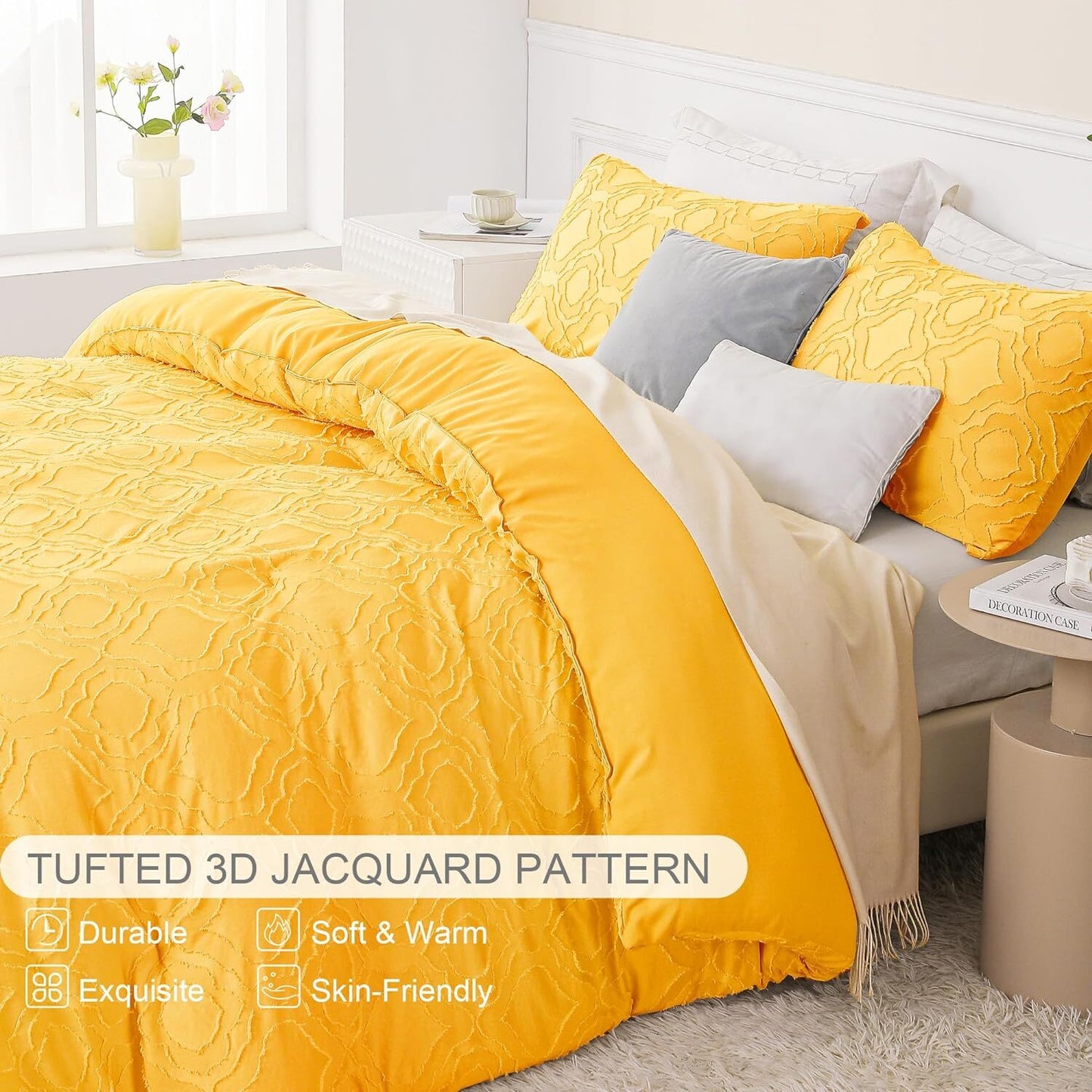 Whale Flotilla 2-Piece Tufted Twin Comforter Set, Soft Fluffy Shabby Chic Comforter for All Seasons, Farmhouse Boho Duvet Bedding Sets with 1 Pillow Sham, 68"x90", Yellow