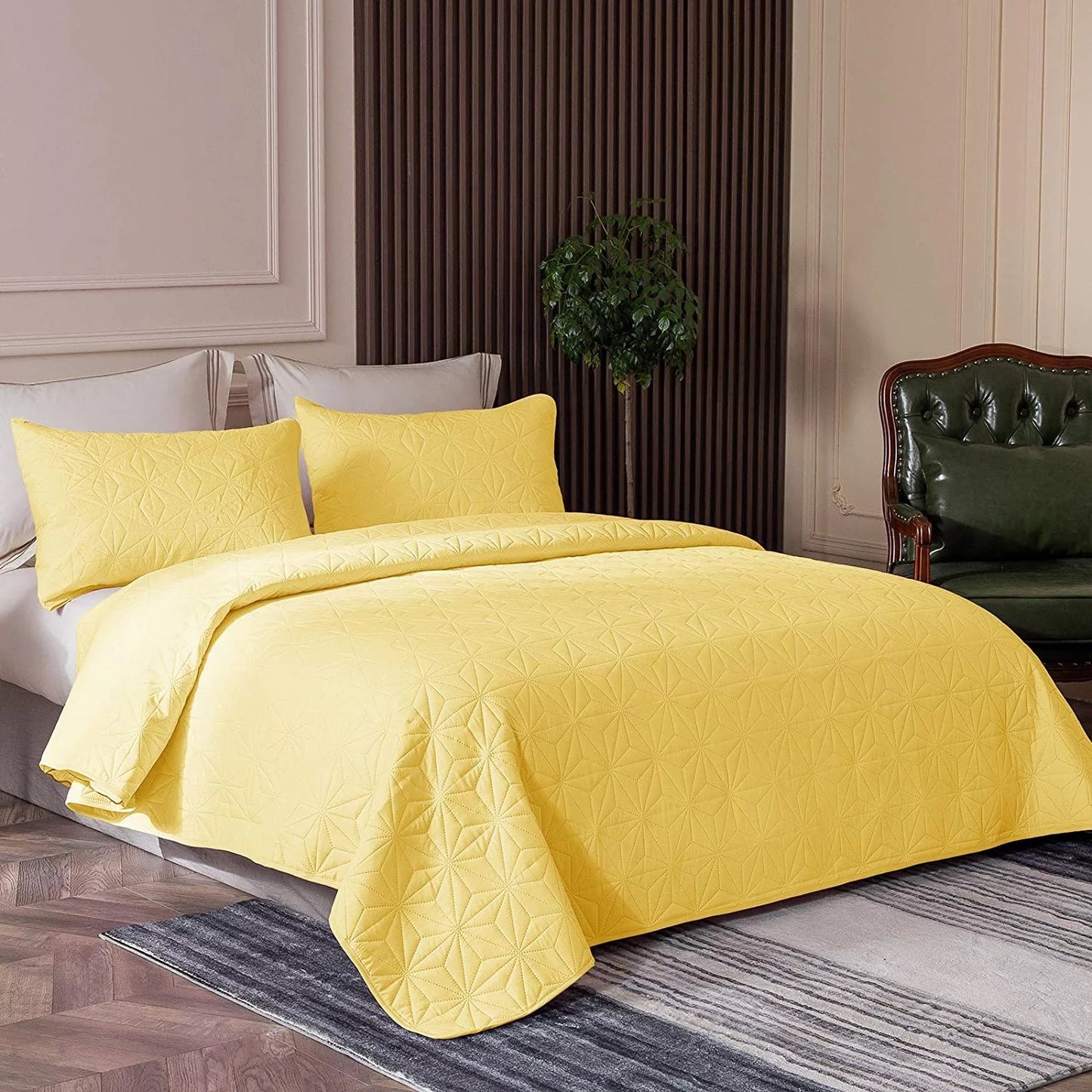 Whale Flotilla Microfiber Twin Size (68x88 inches) Quilt Set Lightweight Quilted Bedspreads Coverlets Set with Stars Pattern, Yellow, 2 Piece (1 Quilt, 1 Sham)