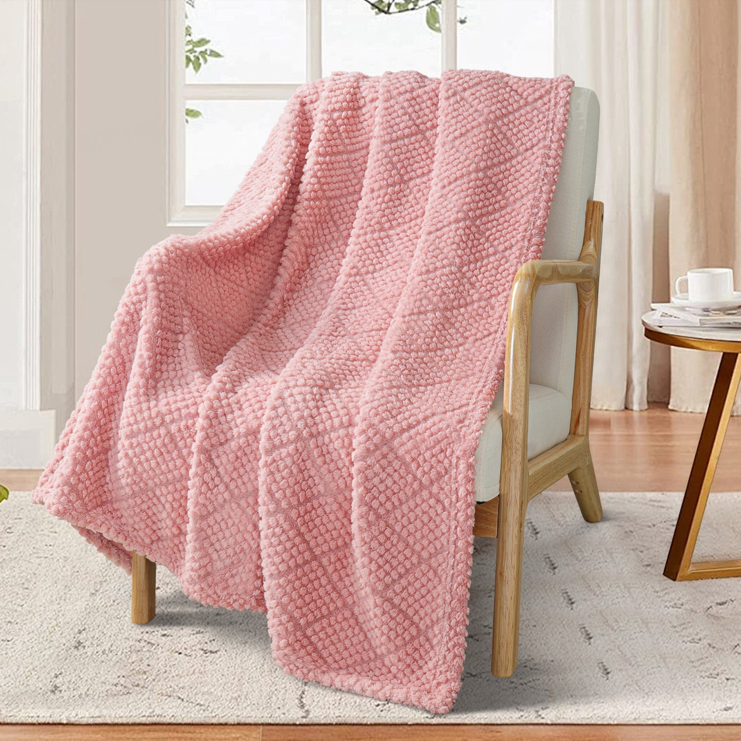 Whale Flotilla Fuzzy Fleece Throw Blanket for Couch, Bed, Soft Fluffy Jacquard Waffle Blankets for All Season, Lightweight and Warm, 50x60 Inch, Pink