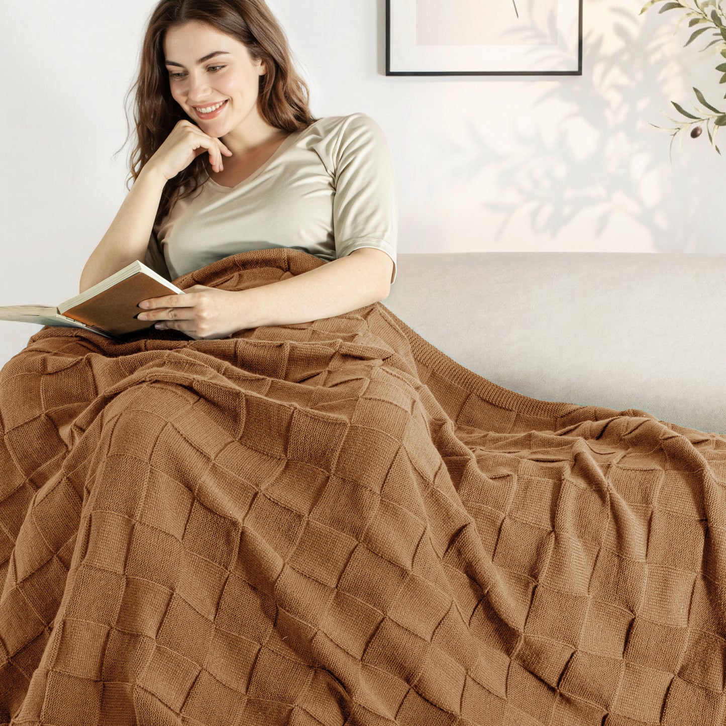 Whale Flotilla Knit Throw Blanket for Couch, Soft Fuzzy Decorative Knitted Blanket for Sofa Bed, Lightweight Cozy Warm Throws, 60x80 Inch, Brown