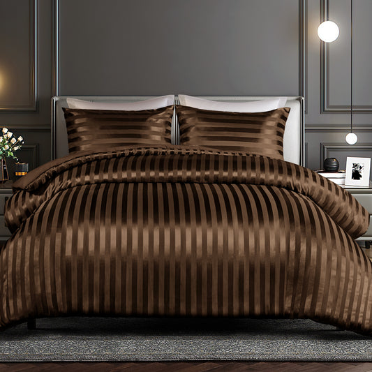 Whale Flotilla 2-Piece Reversible Silky Soft Twin Size Comforter Set, Luxury Stripe Satin Comforter Bedding Set with Satin Pillowcase, Lightweight Duvet Set for All Seasons, Brown