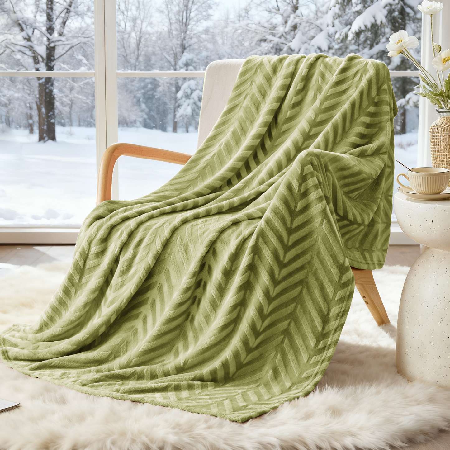 Whale Flotilla Soft Flannel Fleece Lightweight Throw Blanket(50"x60"), Brushed Chevron Design Fluffy Plush Cozy Blanket for All Seasons, Olive Green