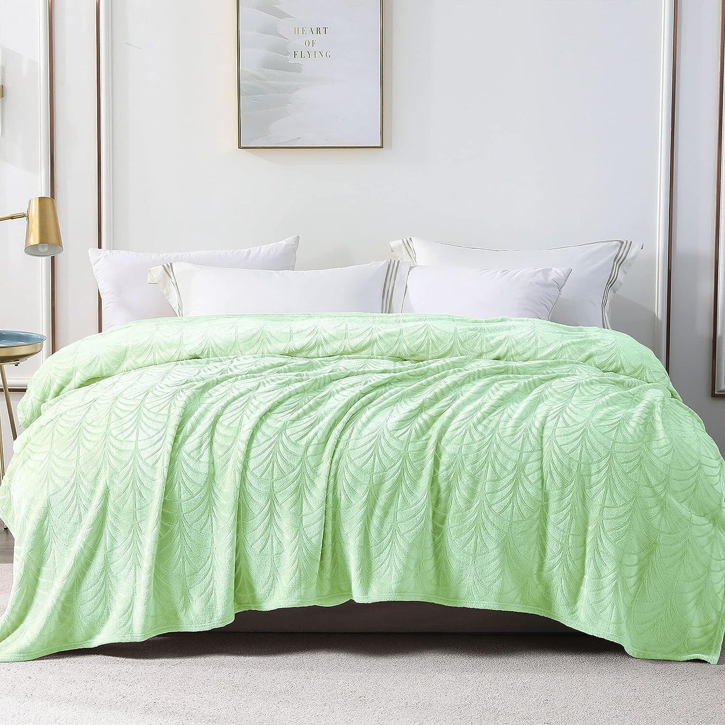 Whale Flotilla Flannel Fleece King Size Bed Blanket, Soft Velvet Lightweight Bedspread Plush Fluffy Coverlet Vintage Design Decorative Blanket for All Season, 90x104 Inch, Light Green