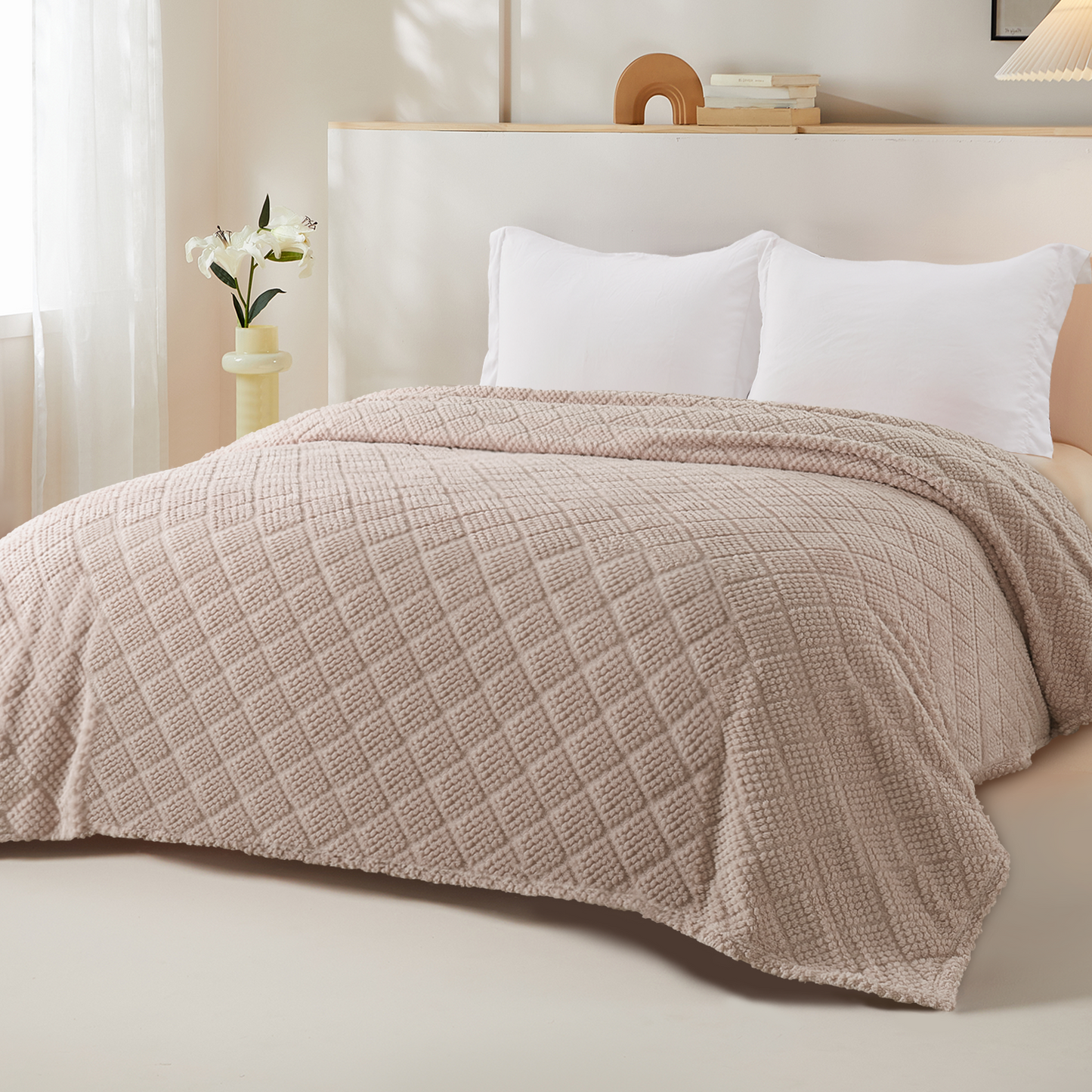 Whale Flotilla Fuzzy Fleece Twin Size Blanket for Bed, Soft Fluffy Jacquard Waffle Blankets for All Season, Lightweight and Warm, 60x80 Inch, Camel