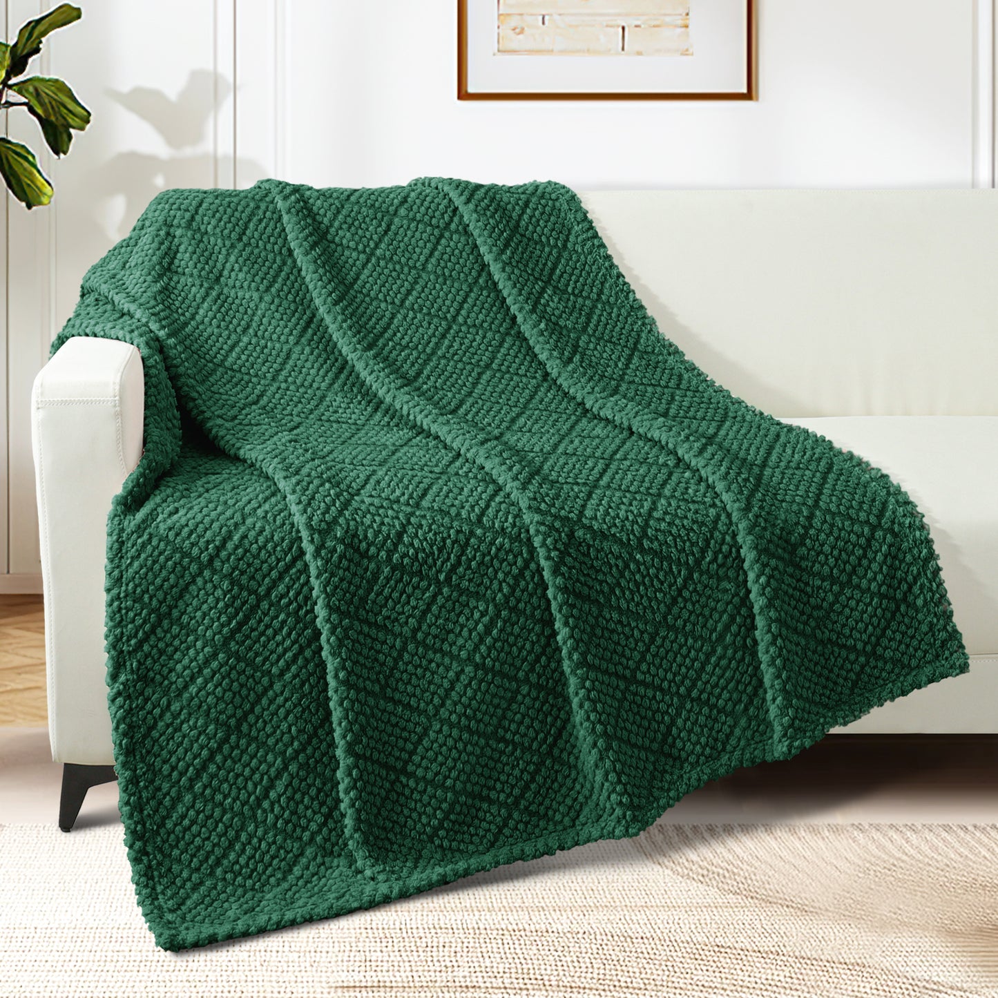 Whale Flotilla Fuzzy Fleece Throw Blanket for Couch, Bed, Soft Fluffy Jacquard Waffle Blankets for All Season, Lightweight and Warm, 50x60 Inch, Emerald Green