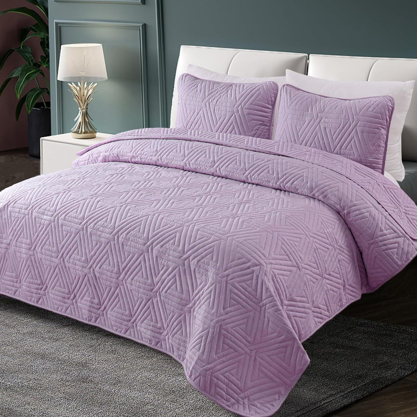 Whale Flotilla 2-Piece Twin Size Quilt Set/Bedspreads/Coverlets for All Season, Classic Geometric Pattern Bedding Set with Pillow Sham, Soft and Lightweight, Light Purple