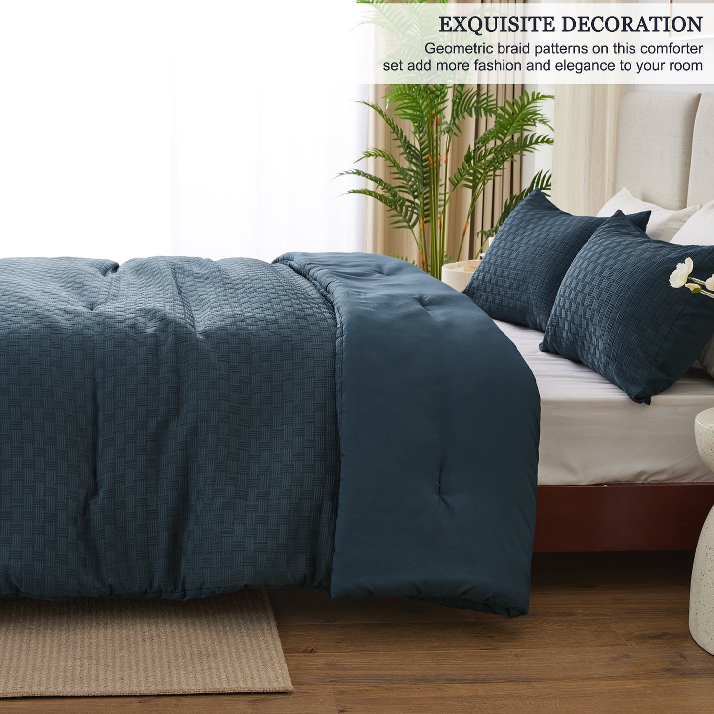 Whale Flotilla 3-Piece Jacquard Braid Ultra Soft King Comforter Set, Luxury Reversible Microfiber Oversized Comforters Bedding Set with 2 Pillowcases, Lightweight Duvet for All Seasons, Navy Blue