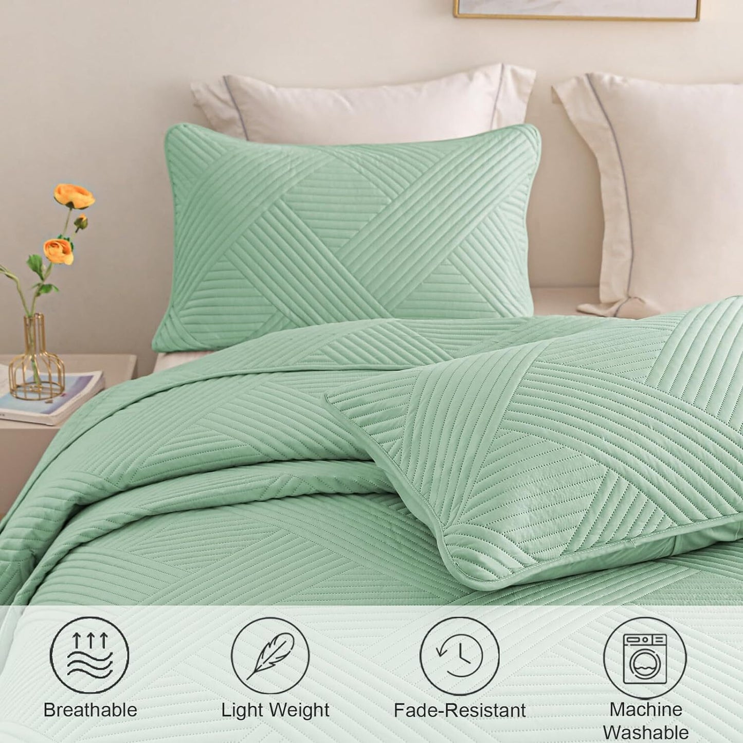 Whale Flotilla Quilt Set Twin Size, Soft Microfiber Lightweight Bedspread Coverlet Bed Cover (Striped Pattern) for All Seasons, Green, 2 Pieces (Includes 1 Quilt, 1 Sham)