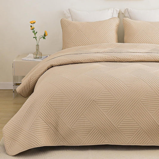 Whale Flotilla Quilt Set Twin Size, Soft Microfiber Lightweight Bedspread Coverlet Bed Cover (Striped Pattern) for All Seasons, Camel, 2 Pieces (Includes 1 Quilt, 1 Sham)