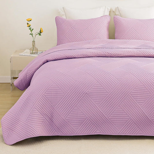 Whale Flotilla Quilt Set Queen Size, Soft Microfiber Lightweight Bedspread Coverlet Bed Cover (Striped Pattern) for All Seasons, Purple, 3 Pieces (Includes 1 Quilt, 2 Shams)