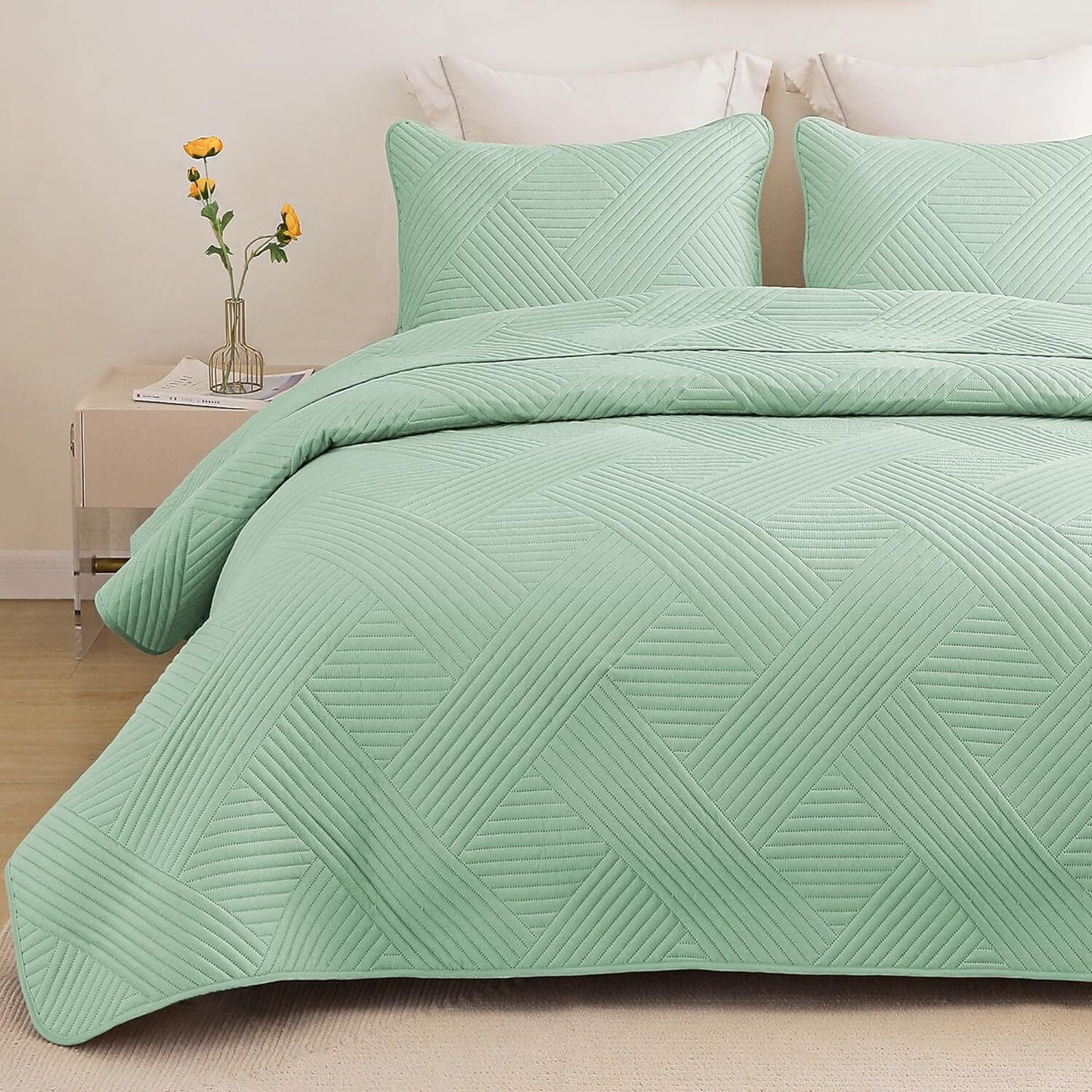 Whale Flotilla Quilt Set Twin Size, Soft Microfiber Lightweight Bedspread Coverlet Bed Cover (Striped Pattern) for All Seasons, Green, 2 Pieces (Includes 1 Quilt, 1 Sham)