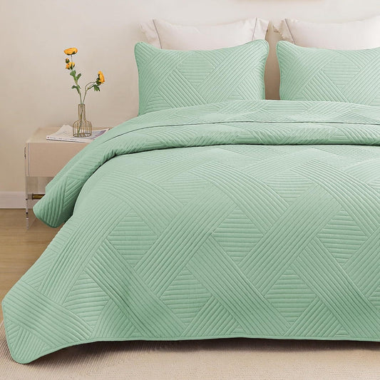 Whale Flotilla Quilt Set Twin Size, Soft Microfiber Lightweight Bedspread Coverlet Bed Cover (Striped Pattern) for All Seasons, Green, 2 Pieces (Includes 1 Quilt, 1 Sham)