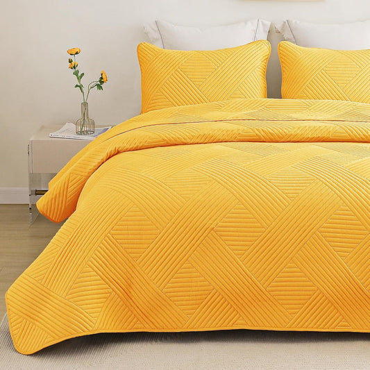Whale Flotilla Quilt Set Queen Size, Soft Microfiber Lightweight Bedspread Coverlet Bed Cover (Striped Pattern) for All Seasons, Yellow, 3 Pieces (Includes 1 Quilt, 2 Shams)