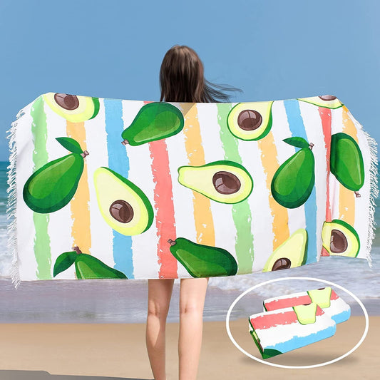 Whale Flotilla 2 Packs 100% Cotton Beach Towel (35x70 Inch), Oversized Soft Absorbent Camping Pool Travel Towel with Stripe Fruit Pattern for Kids and Adults (Avocado)
