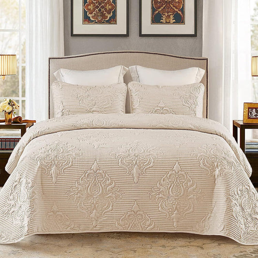 Whale Flotilla 3-Piece King Quilt Set, Soft Embossed Bedding Set, Lightweight Bedspread Coverlet with Damask Vintage Pattern, Reversible Bed Cover for All Seasons, Solid Bone