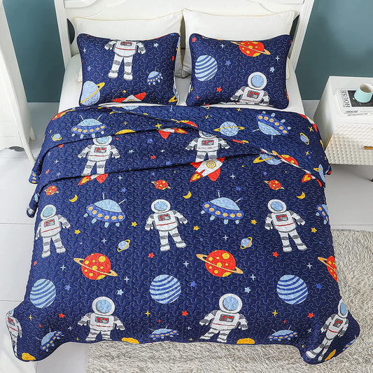 Whale Flotilla Cartoon Kids Quilt Set Twin Size, Soft Kids Bedding Set with Cute Astronaut Patterns, Microfiber Lightweight Bedspread Coverlet for Boys and Girls