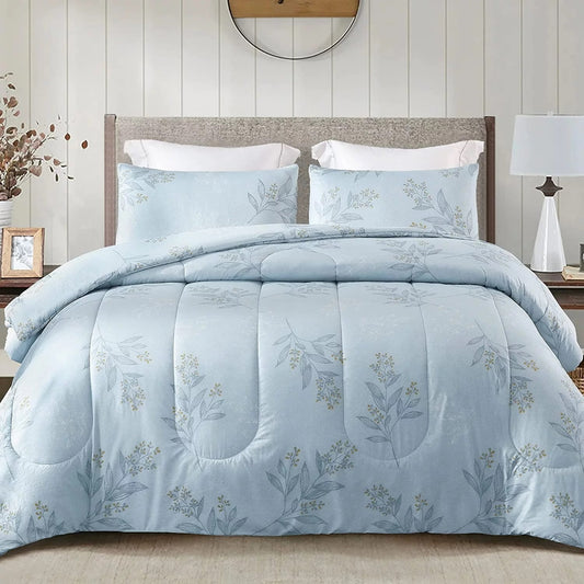 Whale Flotilla Queen Size Comforter Set with 2 Pillow Shams, Floral Patterns, Bedding Set Blue