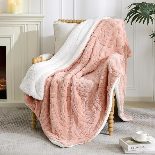 Whale Flotilla Sherpa Fleece Throw Blanket for Couch, Reversible Lightweight Blankets Warm Plush Bed Blanket for Winter Ultra Soft with Decorative Jacquard Pattern, 50x70 Inch, Pink