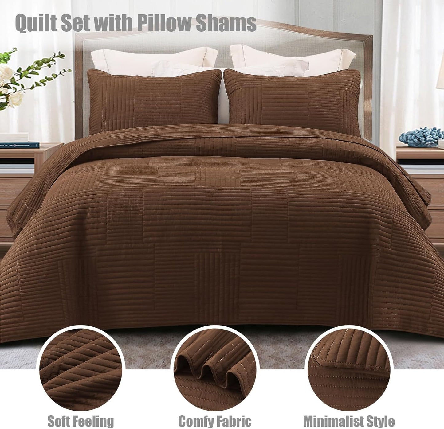 Whale Flotilla Twin Quilt Set, Soft Lightweight Quilts Bedspreads Coverlet with Striped Pattern, Bedding Sets with Pillow Sham, Reversible Bed Cover for All Seasons, 68x88 Inches, Brown