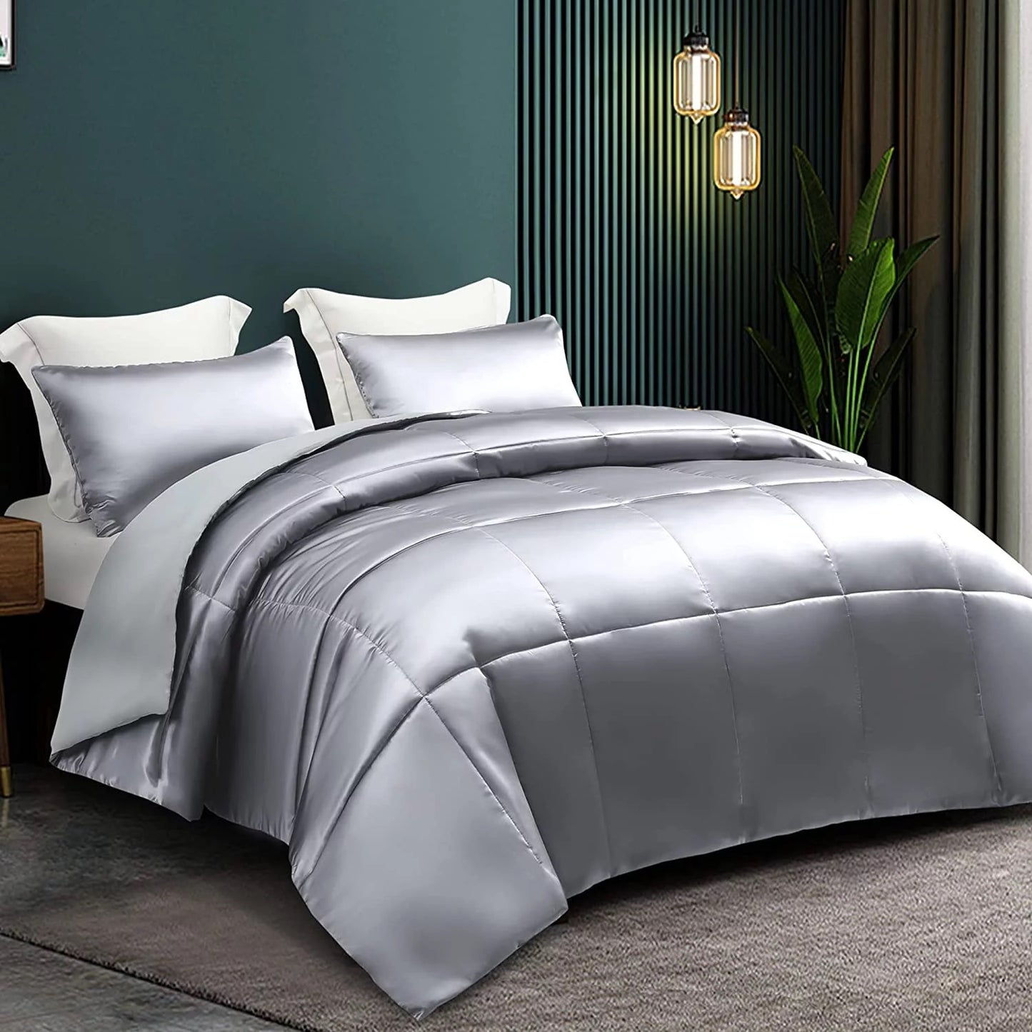 Whale Flotilla 3-Piece Reversible Queen Size Comforter Set/ Bedding Set, Soft Satin Comforter with 2 Satin Pillowcases, Lightweight Duvet Set for All Seasons, Grey