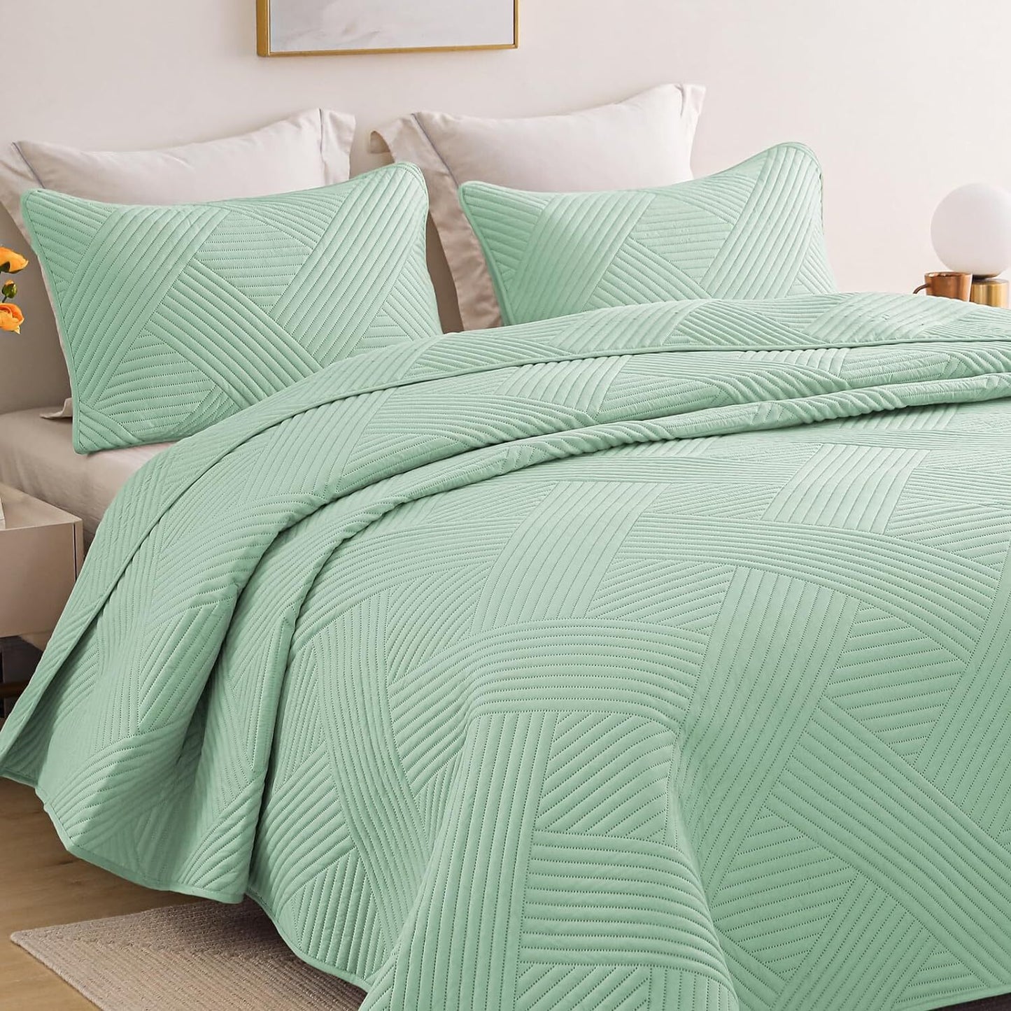 Whale Flotilla Quilt Set Twin Size, Soft Microfiber Lightweight Bedspread Coverlet Bed Cover (Striped Pattern) for All Seasons, Green, 2 Pieces (Includes 1 Quilt, 1 Sham)