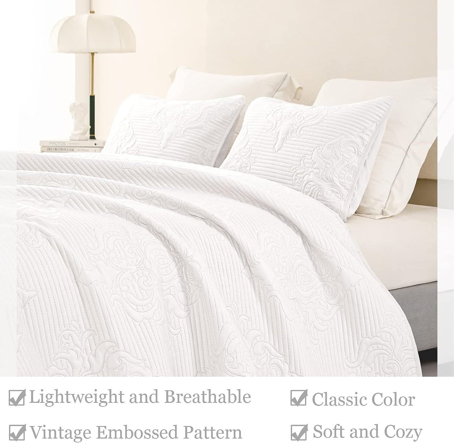 Whale Flotilla 2-Piece Twin Quilt Set, Soft Embossed Bedding Set, Lightweight Bedspread Coverlet with Damask Vintage Pattern, Reversible Bed Cover for All Seasons, Solid White