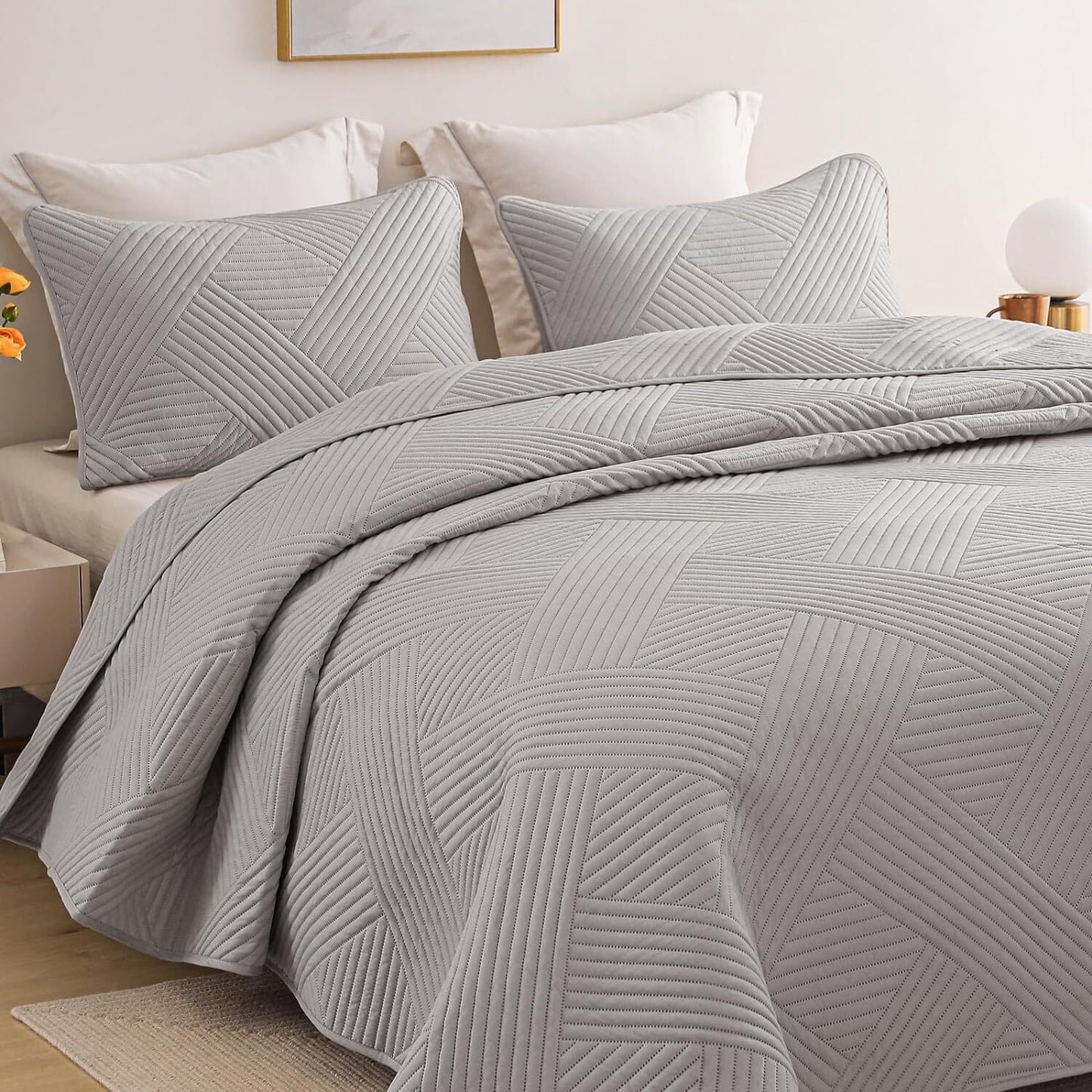 Whale Flotilla Quilt Set Twin Size, Soft Microfiber Lightweight Bedspread Coverlet Bed Cover (Striped Pattern) for All Seasons, Hot Pink, 2 Pieces (Includes 1 Quilt, 1 Sham)