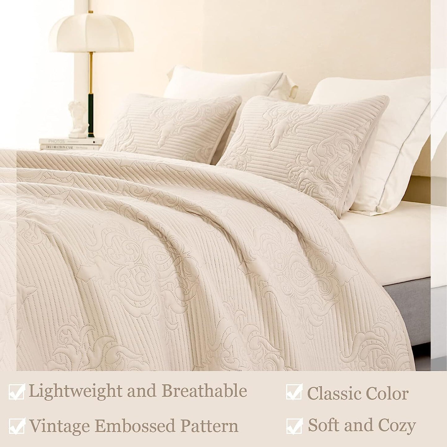 Whale Flotilla 2-Piece Twin Quilt Set, Soft Embossed Bedding Set, Lightweight Bedspread Coverlet with Damask Vintage Pattern, Reversible Bed Cover for All Seasons, Brich Beige