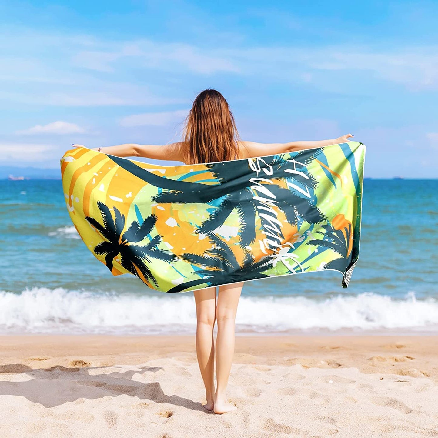 Whale Flotilla Hawaiian Quick Dry Beach Towel, Large Sand Free Pool Microfiber Beach Towels for Kids and Adults, Lightweight and Absorbent,30"x60", Yellow palm
