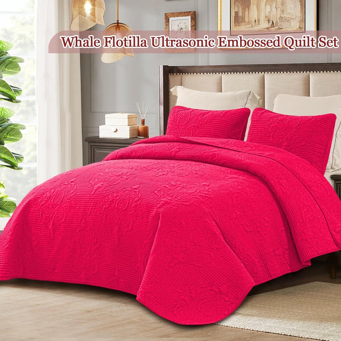 Whale Flotilla 3-Piece King Quilt Set, Soft Embossed Bedding Set, Lightweight Bedspread Coverlet with Damask Vintage Pattern, Reversible Bed Cover for All Seasons, Hot Pink